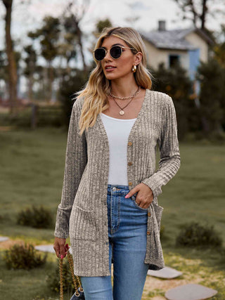 Double Take Ribbed Button-Up Cardigan with Pockets for Women