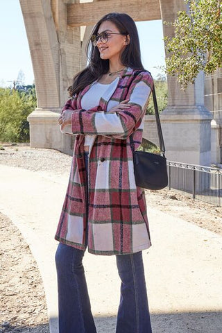 Double Take Full Size Plaid Button Up Lapel Collar Coat for Women