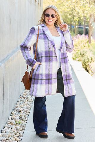 Double Take Full Size Plaid Button Up Lapel Collar Coat for Women