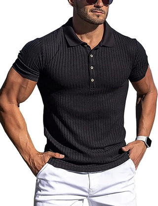 New Men's High Stretch Vertical Stripe Long Sleeve POLO Shirt Slim Fit Short Sleeve Polo Shirt