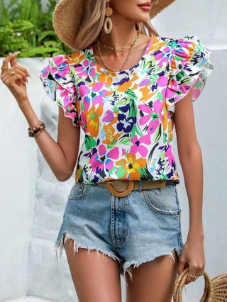 Women's Summer New Fashion Floral Print Double Layer Feifei Short Sleeve Shirt