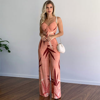 Women's V-neck Top and high-waist Wide-leg Pants Set