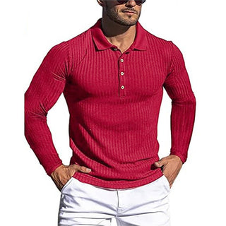 New Men's High Elastic Vertical Strip Long Sleeve POLO Shirt Slim Knit Bottom Shirt Polo Shirt