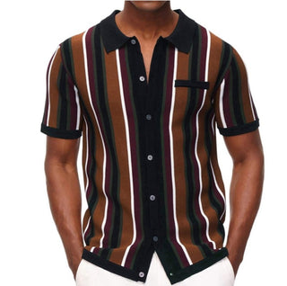 Men's single Breasted Color Contrast Stripe Short Sleeve Shirt