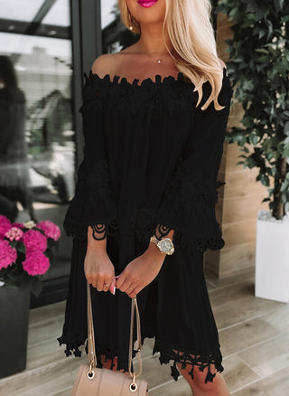 Women's Solid Color Off-The-Shoulder Gauze Lace Shift Dress