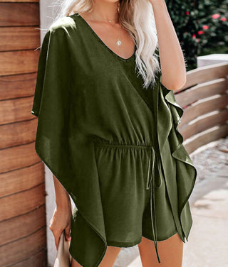 Women's temperament shorts European and American solid color V-neck high waist tie loose jumpsuit