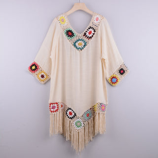 Women's Three-quarter sleeve chain link flower splicing irregular tassel anti-sun blouse ethnic style dress