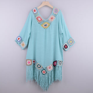 Women's Three-quarter sleeve chain link flower splicing irregular tassel anti-sun blouse ethnic style dress