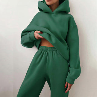 Women's solid color casual fashion trousers thickened long-sleeved hooded  set