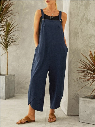 Women's Solid color casual button up suspender jumpsuit