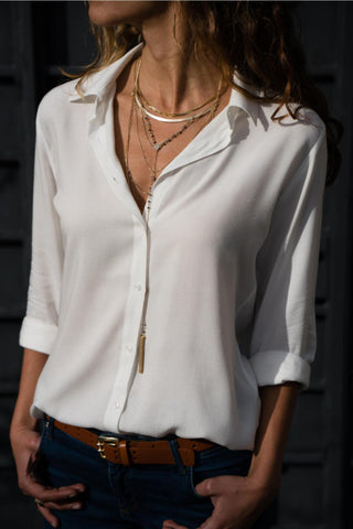 Women's Long Sleeved V Button Chiffon Shirt