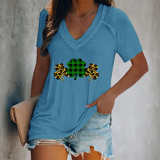 Women's V-neck clover print short-sleeved t-shirt