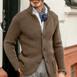 Men? Solid Color Stand Collar Front Button Closure Waffle Knit Cardigan