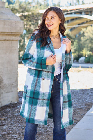 Double Take Full Size Plaid Button Up Lapel Collar Coat for Women