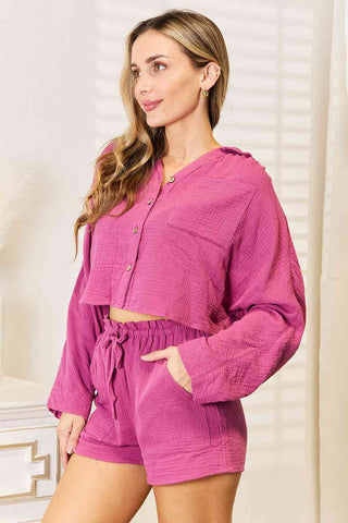 Basic Bae Buttoned Long Sleeve Top and Shorts Set for Women