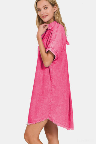 Zenana Washed Linen V-Neck Raw Hem Dress for Women FUCHSIA / M