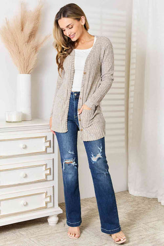 Double Take Ribbed Button-Up Cardigan with Pockets for Women