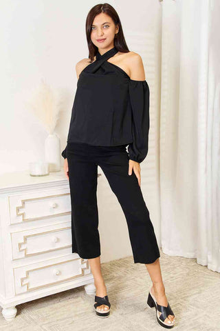 Double Take Grecian Cold Shoulder Long Sleeve Blouse for Women