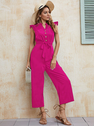 Women's solid color V-neck one-breasted button-up earring sleeve mid-waist strappy jumpsuit