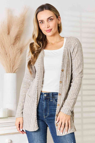 Double Take Ribbed Button-Up Cardigan with Pockets for Women