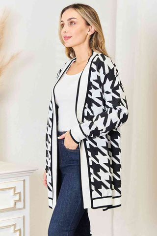 Woven Right Houndstooth Open Front Longline Cardigan for Women