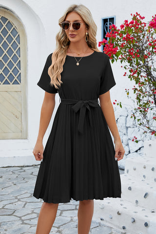 Pleated Tie Waist Short Sleeve Dress for Women