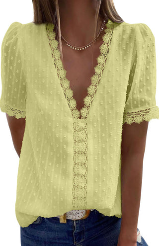 Women's Lace Splicing V-Neck Swiss Dot Short Sleeve Top