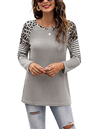 Women's Long Sleeve Waffle Sweater With Leopard And Stripe Design