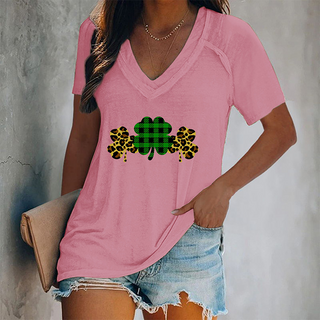 Women's V-neck clover print short-sleeved t-shirt