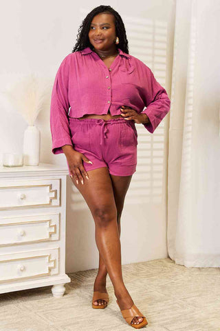 Basic Bae Buttoned Long Sleeve Top and Shorts Set for Women