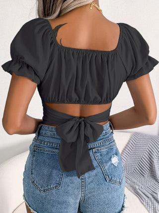 Square Neck Crisscross Flounce Sleeve Cropped Top for Women