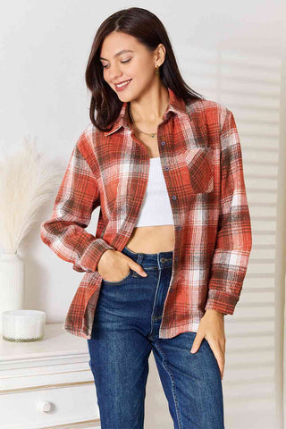 Double Take Plaid Collared Neck Long Sleeve Shirt for Women