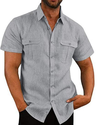 Men's Shirt Double Pocket Cotton Linen Short Sleeve Shirt Casual Vacation Shirt