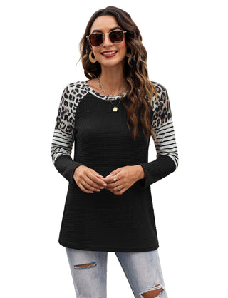 Women's Long Sleeve Waffle Sweater With Leopard And Stripe Design