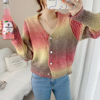 Women's Gradient Color V-neck Knit Cardigan