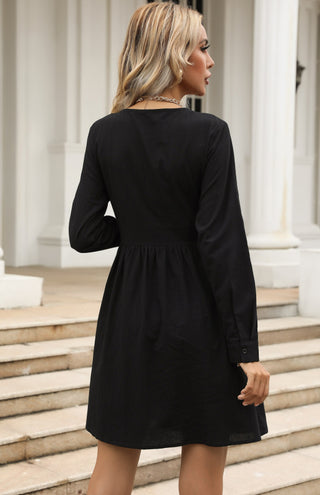 Women's Slim Shirt Dress Black V-Neck Cotton Linen Dress