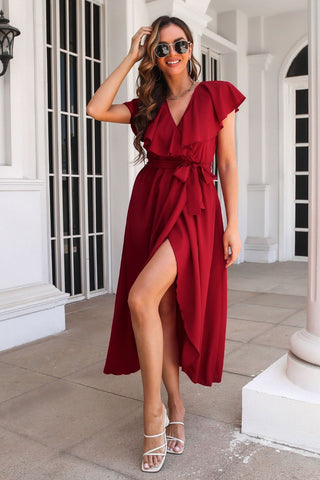 Ruffled Surplice Tie Waist Slit Midi Dress for Women