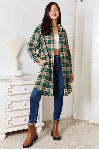 Double Take Plaid Collared Neck Long Sleeve Shirt for Women