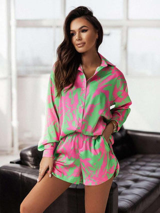 Women's vacation style printed shirt + shorts two-piece sets