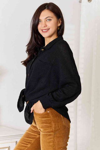 Double Take Waffle-Knit Collared Neck Dropped Shoulder Shirt for Women