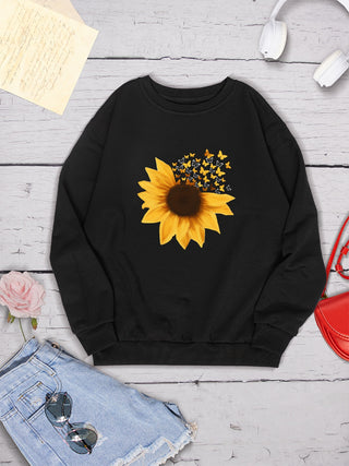 Sunflower Round Neck Dropped Shoulder Sweatshirt for Women