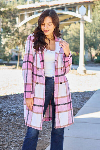 Double Take Full Size Plaid Button Up Lapel Collar Coat for Women