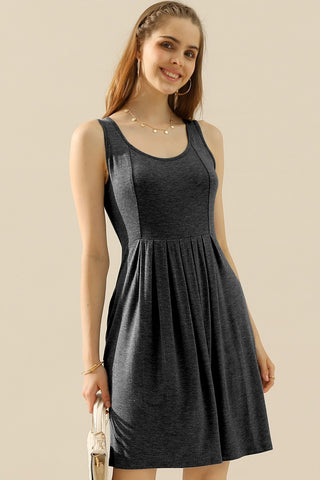 Doublju Round Neck Ruched Sleeveless Dress with Pockets for Women