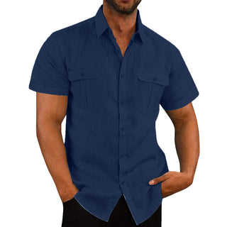 Men's Shirt Double Pocket Cotton Linen Short Sleeve Shirt Casual Vacation Shirt