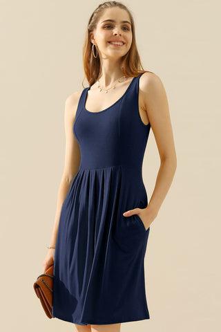 Doublju Round Neck Ruched Sleeveless Dress with Pockets for Women