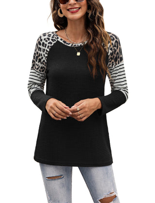 Women's Long Sleeve Waffle Sweater With Leopard And Stripe Design