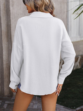 Textured Pocketed Button Up Dropped Shoulder Shirt for Women