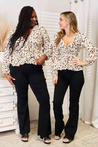 Double Take Printed Tied Plunge Peplum Blouse for Women