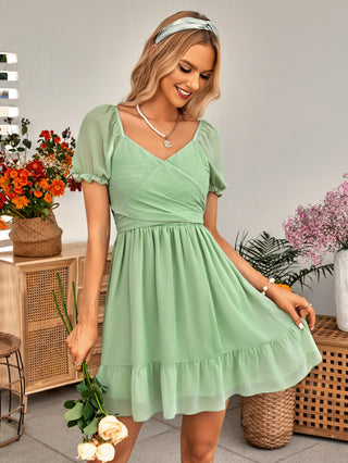 Women's spring and summer V-neck solid color waist short-sleeved dress