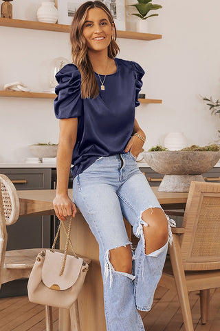 Puff Sleeve Round Neck Blouse for Women